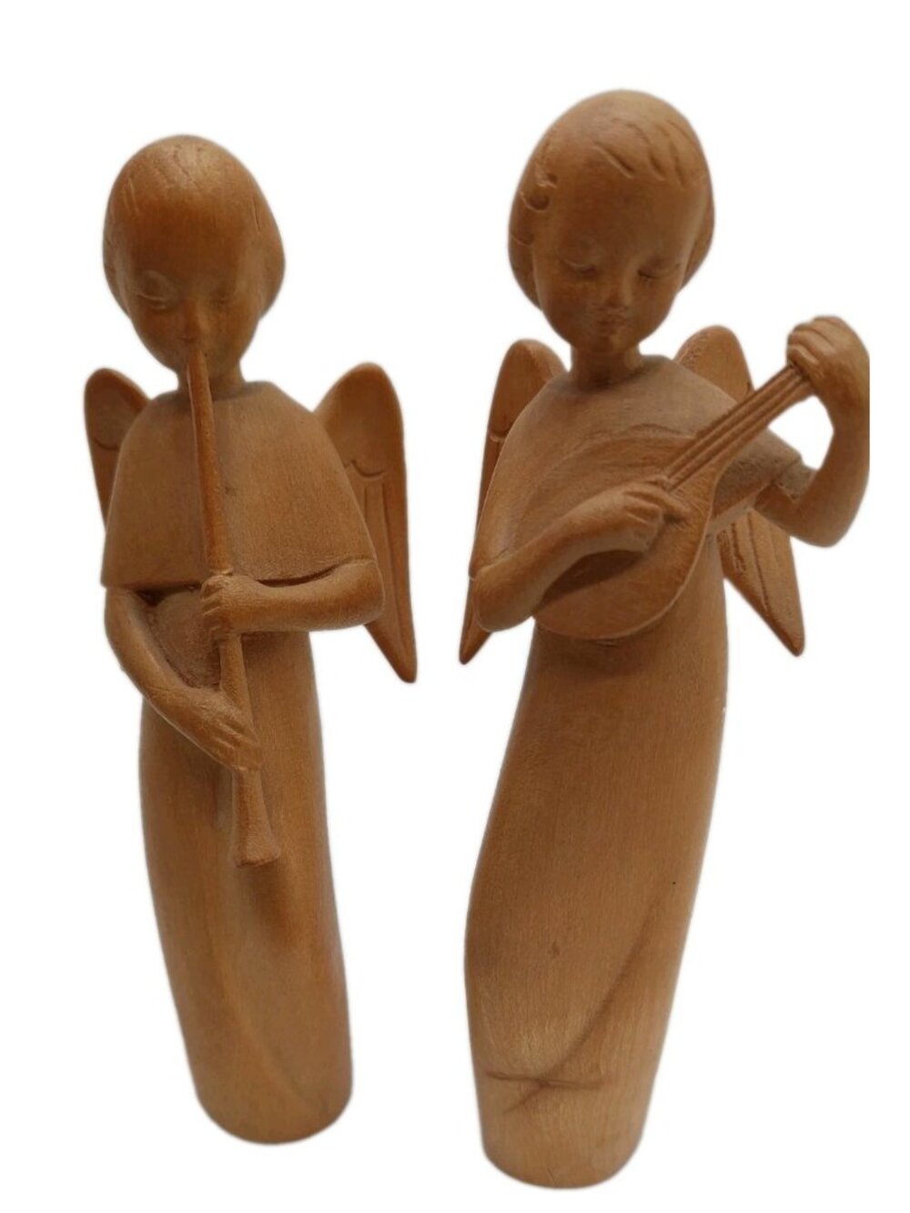 Carved Wooden Angels 5.5" Playing Instruments Set Of 2